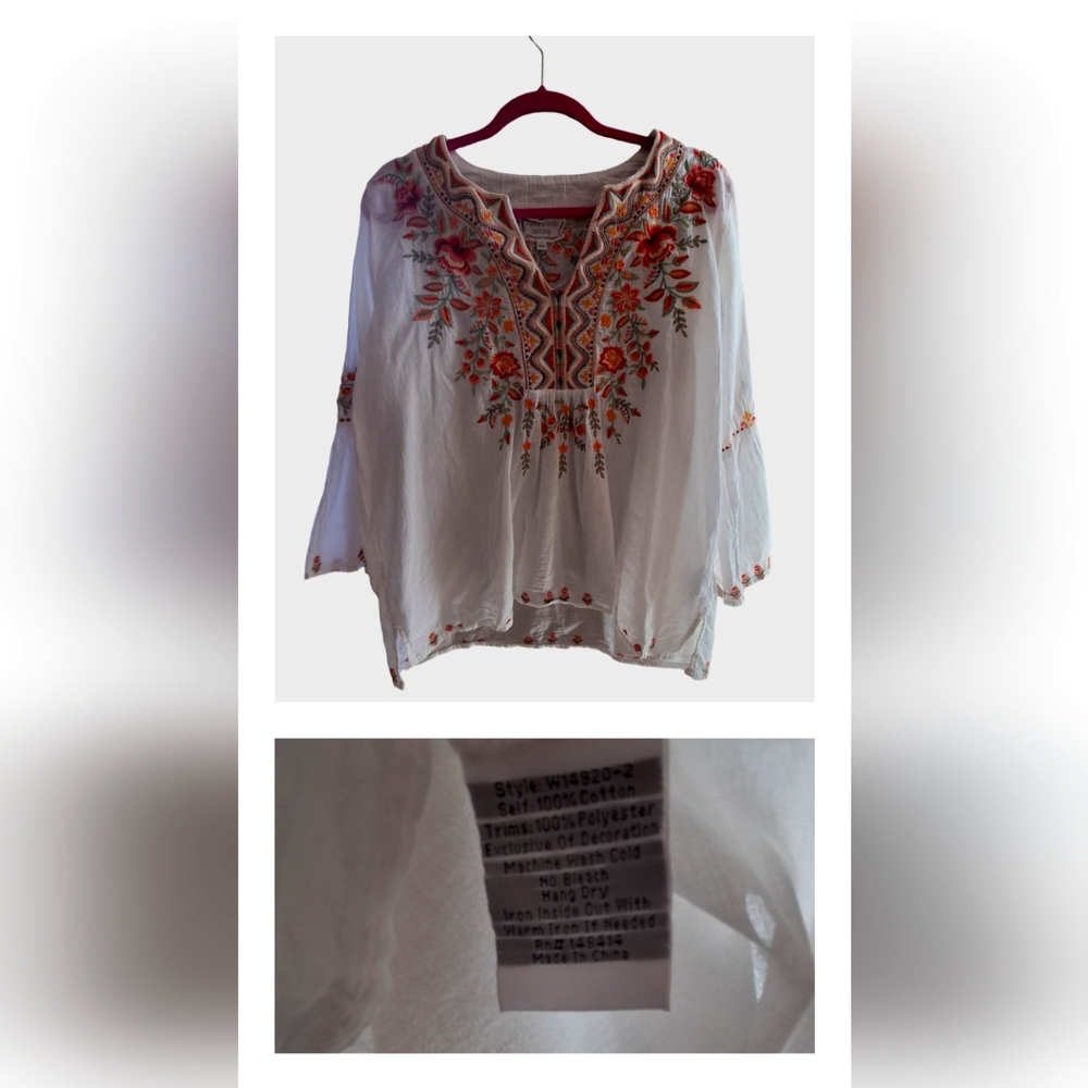 Johnny Was White Cotton Tunic with Orange & Coral Floral Embroidery
